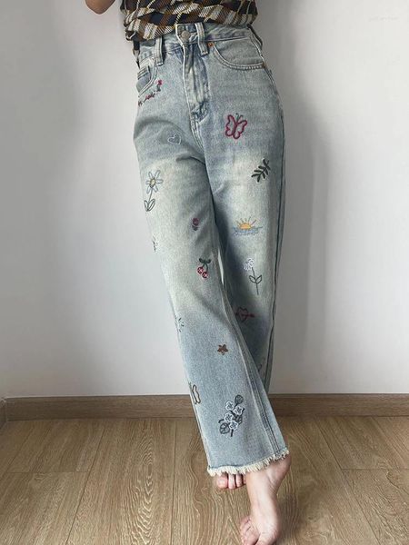 Женские джинсы, винтажные, с вышивкой звездой-бабочкой, с потертым краем, джинсовая длина до щиколотки, 2023 г.