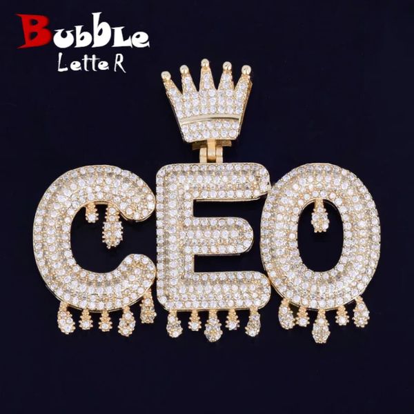 Collane con ciondolo Lettera a bolle Collana con nome personalizzato per uomo Ciondolo personalizzato Corona Ciondoli gocciolanti Zircone cubico Gioielli Hip Hop Iced Out 231018