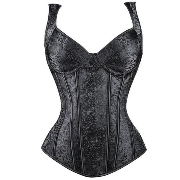 Overbust Corsetto sexy in raso con coppe Top in pizzo Steampunk Corsetti e bustini Nero Bianco Body Shaper Donna Vita Trainer Cincher 235d