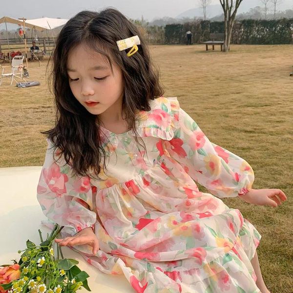 Abiti da ragazza Deer Jonmi 2023 Primavera neonate in chiffon principessa stampa floreale stile coreano vestito da vacanza per bambini