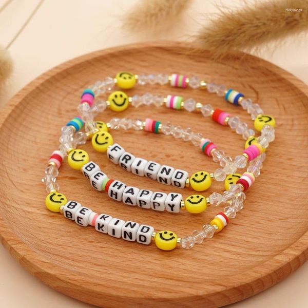 Strand BohoBliss Bracciale con perline di cristallo trasparente Bracciale con parola personalizzata benedizione per le donne Perline sorriso carino Gioielli fatti a mano Regalo di amicizia