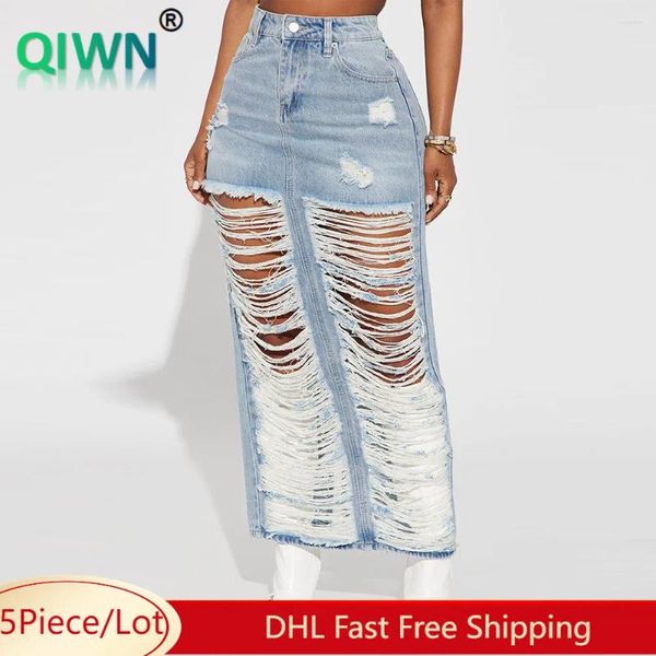 Röcke 5 stücke Großhandel Loch Denim Frauen Sexy Aushöhlen Maxi Rock Sommer Hohe Taille Streetwear Gerade Jean Kleider 10187