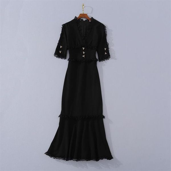 Avrupa ve Amerikan Kadın Giyim 2020 Yaz Yeni Stil Beş Noktalı Kollu Stand Yakası Dantel Moda Siyah Balık kuyruğu Elbisesi197c