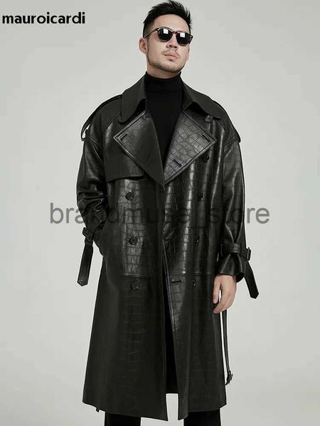 Giacche da uomo Mauroicardi Primavera Autunno Lungo Nero Stampa coccodrillo Pu Trench in pelle Cintura da uomo Doppio petto Runway Moda europea 2023 J231019