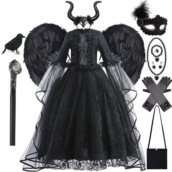 Vestidos da menina Halloween vestido de bruxa para meninas preto mal rainha cosplay traje luxo renda babados até o chão roupas crianças carnaval vestidos 231019