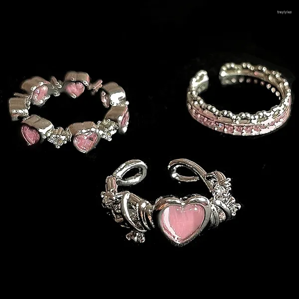 Cluster Anelli 2023 Kpop Rosa Cristallo AMORE Cuore Anello aperto per le donne BFF Matrimonio Lusso Vintage Grunge Estetica Gioielli EMO Y2K Accessori