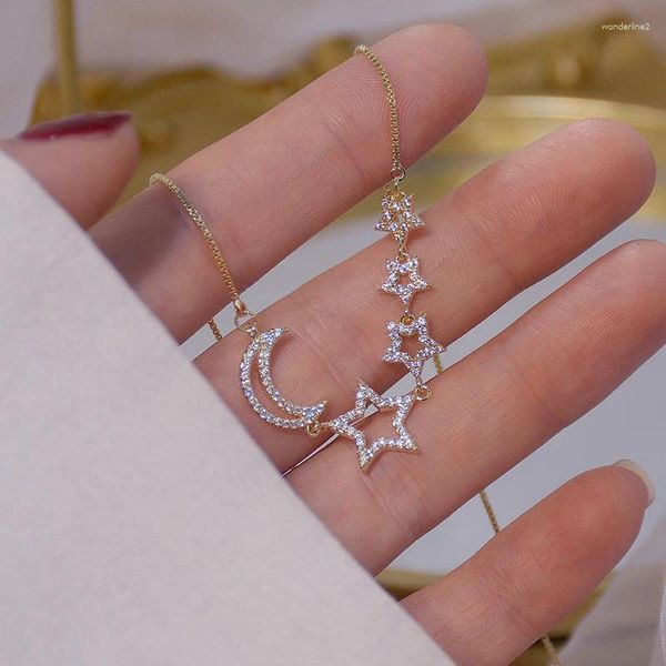 Correntes 14k banhado a ouro colar de estrela perfurada para mulheres brilhando bling zircon lua clavícula cadeia charme casamento pingente jóias