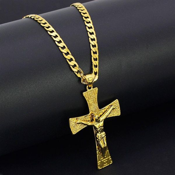 Ciondolo grande con croce larga in oro giallo massiccio 18k GF Gesù con pendente grande 55-35mm con catena cubana Miami da 24 pollici 600 5mm191Q