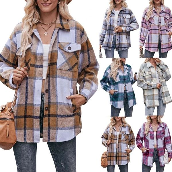 Camicette da donna Plaid da donna Giacche oversize Cappotto vintage Tasche abbottonate Camicia spessa