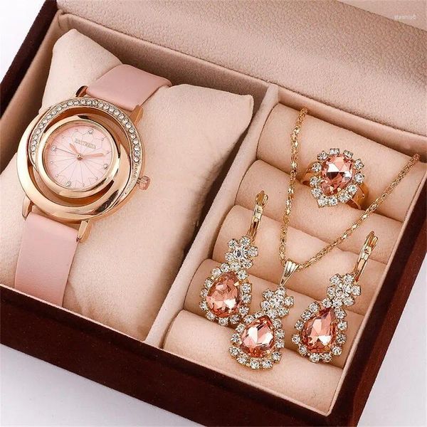Armbanduhren 5PCS Set Luxusuhr Frauen Ring Halskette Ohrring Strass Mode Armbanduhr Casual Damenuhren Uhr