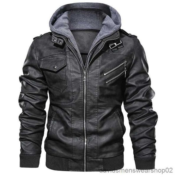 Herrenjacken Hood Herren Casual Stand Halsband Leder-Reißverschluss Motorradjacke R231019