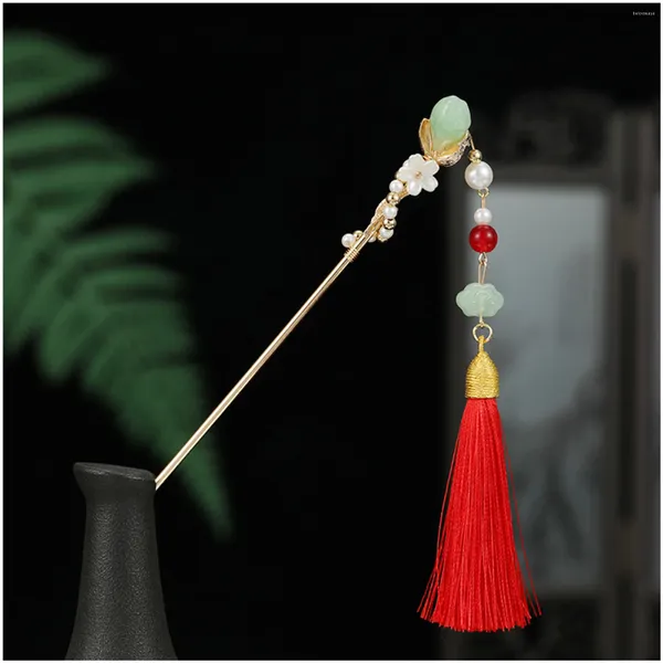 Grampos de cabelo Chinês Stick Bun Headdress Retro Metal Pauzinhos com Borla Vermelha para Mulher Estilo Cabeleireiro Salão