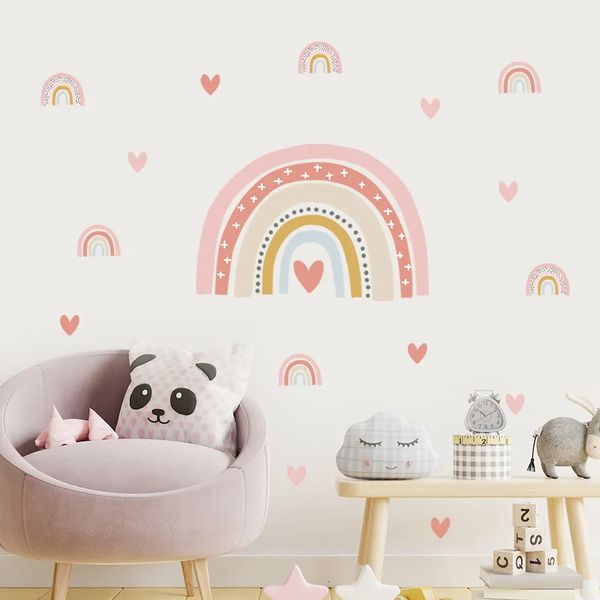 Wandaufkleber, Boho-Rosa, süße Regenbogen-Herzen, Abziehbilder, Kinderzimmer, Mädchen, Jungen, Schlafzimmer, Dekor, Kunstaufkleber, Wandbild, Poster, Babyzimmer, Heimdekoration, 231019