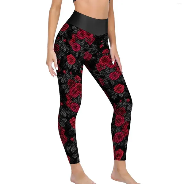 Pantalon actif de Yoga à fleurs roses pour femmes, Leggings à fleurs rouges, taille haute, respirant, séchage rapide, collants de sport d'entraînement imprimés