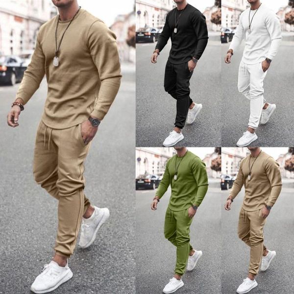 Erkeklerin Trailtsits Uzun Kollu Üst ve Drawstring Pantolon Moda 2 Parça Set 2023 Sonbahar Adam Yuvarlak Boyun Düz Renk Slim Fit Casual Takım