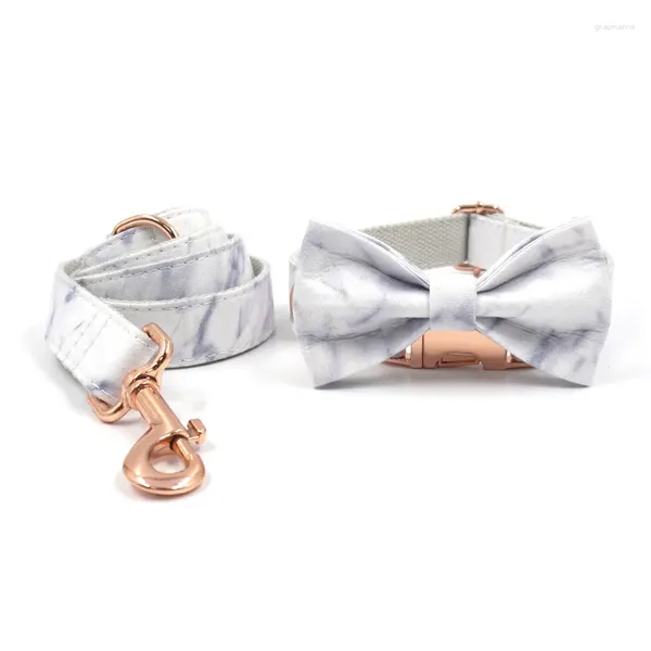 Coleiras de cachorro luxo designer colar e trela conjunto personalizado padrão de mármore com rosa ouro fivela de metal bowtie filhote de cachorro