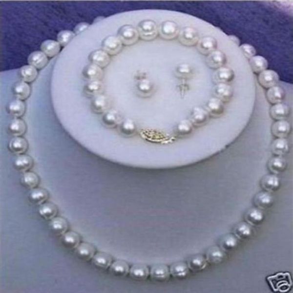 8–9 mm weiße Süßwasser-Zuchtperlen, Halskette, Armband, Ohrringe, Set 248 V