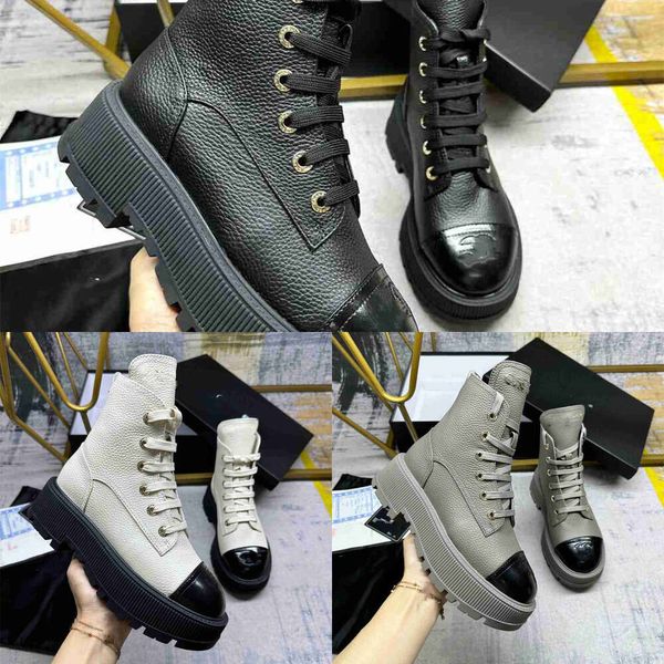 Chanellies Shoes New Layer First Boots Designer Cowhide High Top Shoes Tied Round Head Thick Sole Casual Fashion Shoes Tide Martin Boots European Station Zlbm