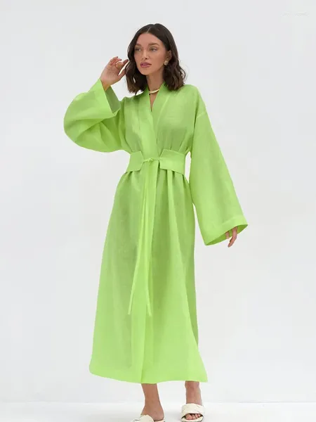 Sıradan elbiseler nhkdsasa pamuk keten uzun yeşil yaz kadın kemer çentikli ofis kadınlar giysi a-line zarif bölünmüş bornoz femme 2023