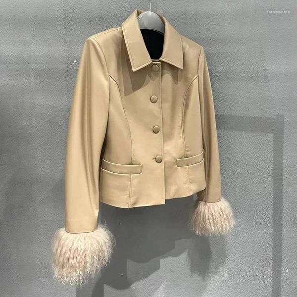 Giacca da donna in vera pelle di pecora Colletto rovesciato Cappotto alla moda da donna Polsino in pelliccia mongola GT5917