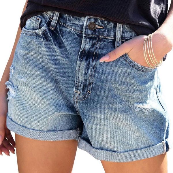 Frauen Shorts 2023 Mittlere Taille Zerrissene Saum Jeans Für Frauen Mode Hohe Stretch Sexy Casual Kleidung S-2XL Drop