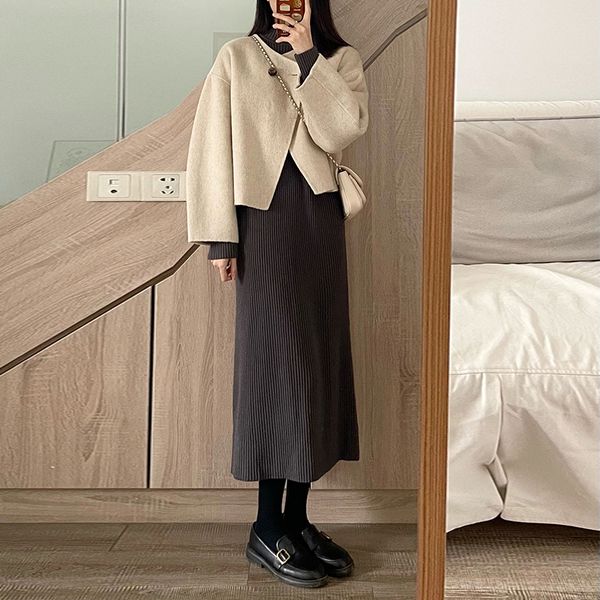 Conjunto saia alta costura casaco de lã vestido de malha roupa pré-outono conjunto completo de duas peças