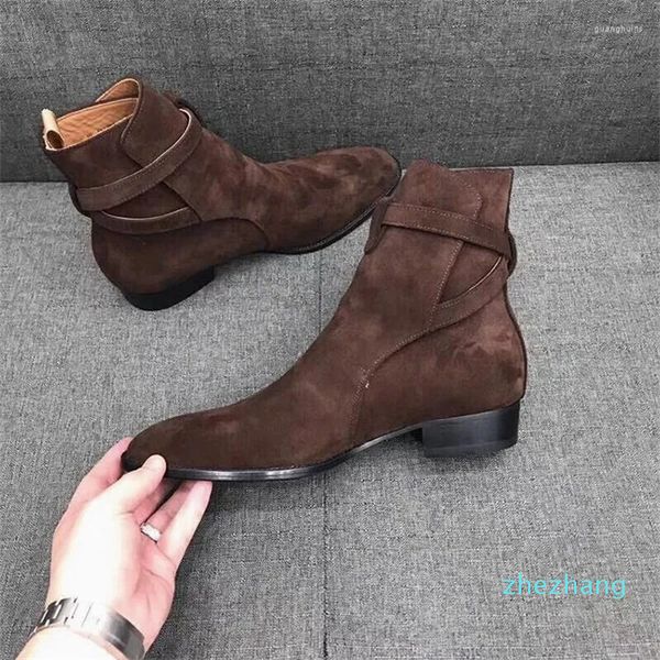 2023-Stiefel Concise Echt Leder Schuhe Kuh Wildleder Gürtel Schnalle Ankle Mann Platz Ferse Barber Outdoor Männlichen Vintage WinterBoots