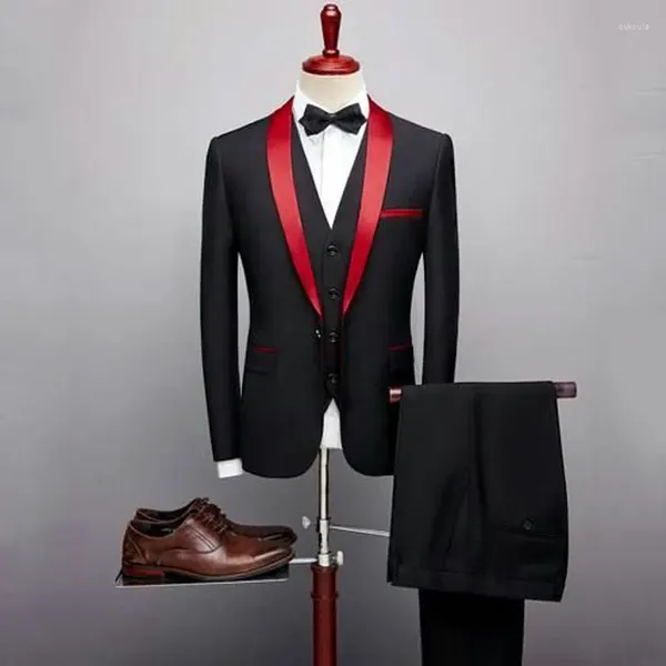 Erkekler Siyah Man 2023 Düğün Kıyafetleri Ceket Kırmızı Şal Damat Smokin Kıyafet 3 Parça Kostüm Homme Blazer Terno Maskulino