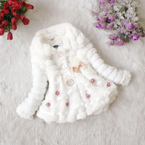 Giacche Moda Bambini Cappotto in pelliccia sintetica Autunno Inverno Caldo peluche Giacca per bambini Natale Fiore carino pizzo Principessa Outwear Vestiti per bambina