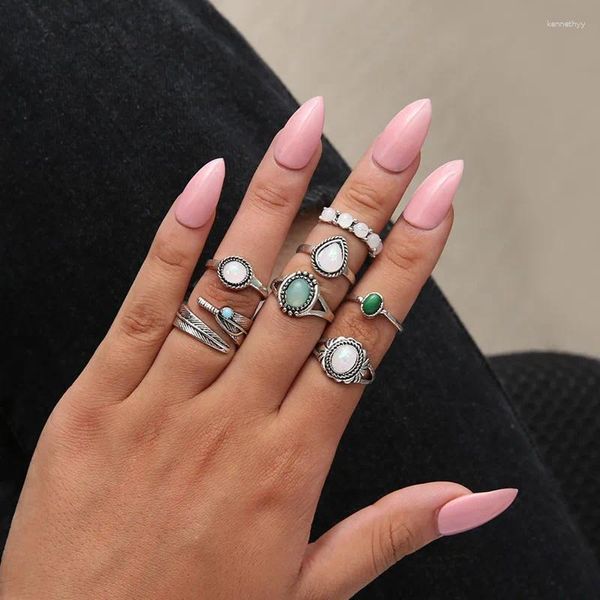 Кольца кластера, 7 шт., модные ретро-бусины из натурального камня в форме листа для женщин, кольцо на костяшку пальца