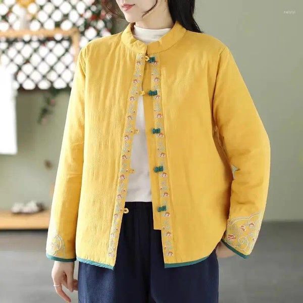 Женские куртки в китайском стиле, хлопково-льняная одежда с вышивкой для женщин, осенне-зимняя свободная стеганая куртка Hanfu на пуговицах в стиле ретро, топ