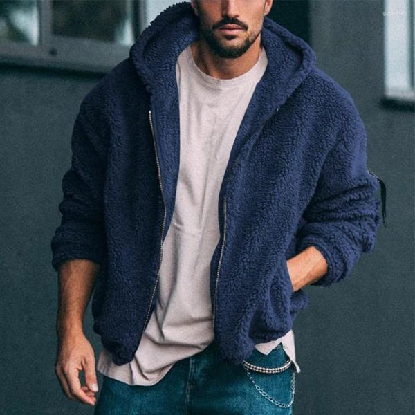 Jaquetas masculinas inverno homem grosso lã pele fofo casaco com capuz jaqueta zip up cor sólida outwear jumper streetwear roupas para homem
