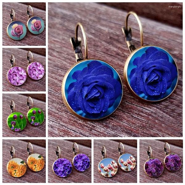 Pendientes colgantes 2024 moda francesa azul rosa púrpura lila girasol Stud tulipán flor cristal cabujón pendiente