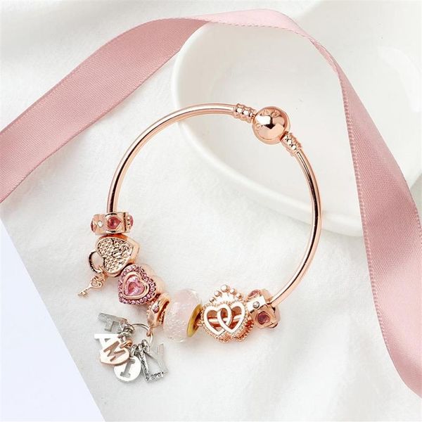 Originale Pandoras Moda S925 Argento Oro Rosa Perline di Fascino Cuore Blocco Braccialetti Donne Catena Lettera Braccialetti Gioielli Regalo di Festa B239I