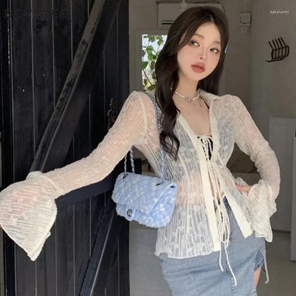 Blusas femininas camisas mulheres verão à prova de sol fino sheer sexy magro elegante moda lace-up design maduro estilo coreano casual chique flare