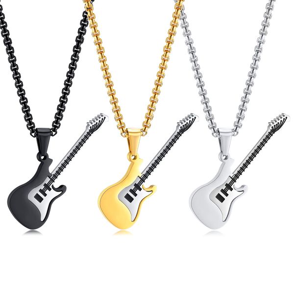 Erkekler için Gitar Kolyeleri Kadınlar, Paslanmaz Çelik/Altın/Siyah Müzik Kaya Hip Hop Takı Hediyesi, Kişiselleştirilmiş Gitar 24 inç zincirle kolye kolye