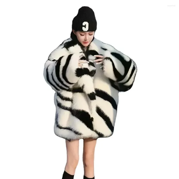 Frauen Pelz Zebra Streifen Faux Jacke Frauen Übergroßen Winter Plüsch Mantel Weibliche Revers Flauschigen Mode 2023 In Oberbekleidung