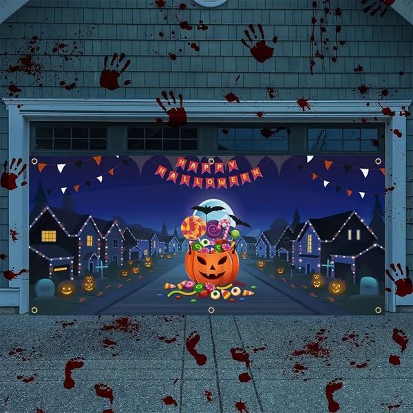 1 unidade, banner de porta de garagem de gato de desenho animado de abóbora de Halloween (71 pol. * 157 pol./180 cm * 400 cm), decoração de porta de garagem de poliéster, mural de porta de garagem, decoração de férias,