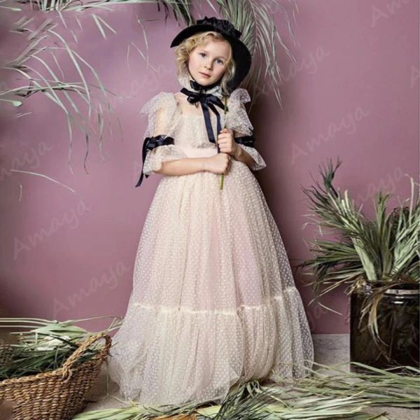 Tule bolinhas vestidos da menina de flor mangas compridas arco faixas vestido de comunhão sagrada crianças vestido de brithday cor personalizada