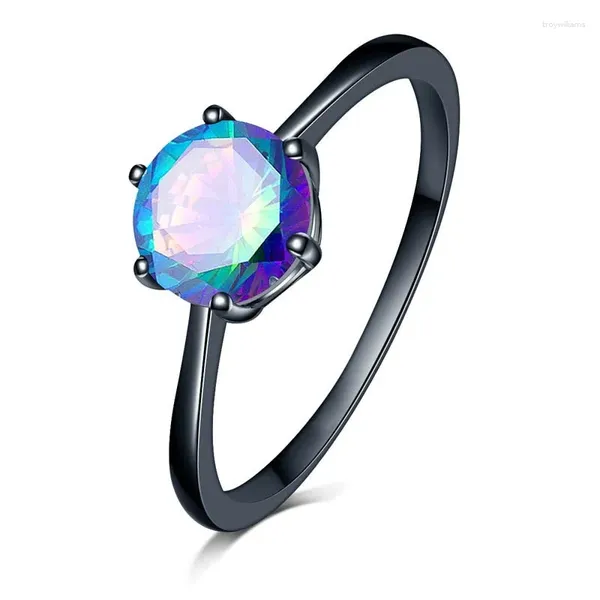 Anéis de cluster Foydjew clássico seis garras incrustadas com colorido / verde / roxo / vermelho zircão preto banhado a ouro anel de noivado de casamento