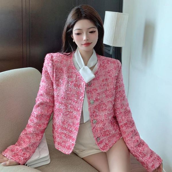 Jaquetas femininas elegantes mulheres rosa tweed jaqueta 2023 outono manga comprida botões bling moda feminina o-pescoço bolso curto casacos