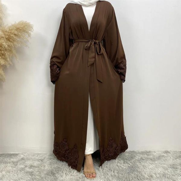 Ethnische Kleidung Dubai Kimono Cardigan für Frauen Open Front Robe Muslim Islamische Spitze Abaya Kaftan Gürtel Ramadan Kleid Jalabiya Eid Modest
