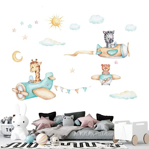 Adesivos de parede animais dos desenhos animados piloto aeronaves adesivo para crianças quarto berçário meninos decoração vinil bonito decalques arte murais 231019
