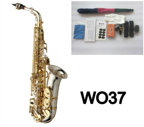 Saxofone alto b plano wo37, saxofone alto banhado a prata, chave de ouro, sax profissional com capa de boquilha e acessórios