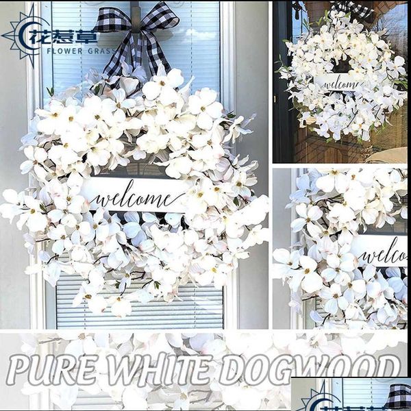 Ghirlande di fiori decorativi Logo di benvenuto Plaid di bufalo e cane bianco Ghirlanda di primavera in legno Faro Porta di casa Hang T230512 Consegna a goccia Ga Dhvha