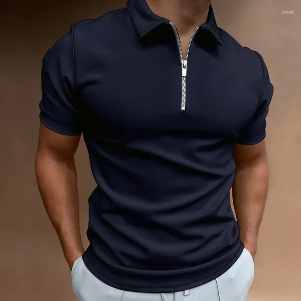 Herren-Poloshirts, Sommer- und Frühlings-Männer-Poloshirt, einfarbig, kurzärmeliges T-Shirt, lässiges, tailliertes Oberteil, Pullover, Business, gerader, dünner Reißverschluss