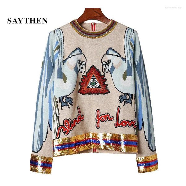 Frauenpullover SAYTHEN 2023 Herbst Winter Runway Stickerei Pailletten Stricken Mode Papagei Jacquard Langarm Hals Frauen Pullover