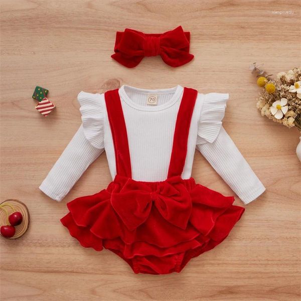 Kleidungssets für 0–18 Monate geborene Babys, Weihnachtskleidung, rote Hosenträger-Shorts und Langarm-Tops mit Stirnband, Outfits, Weihnachtskostüme