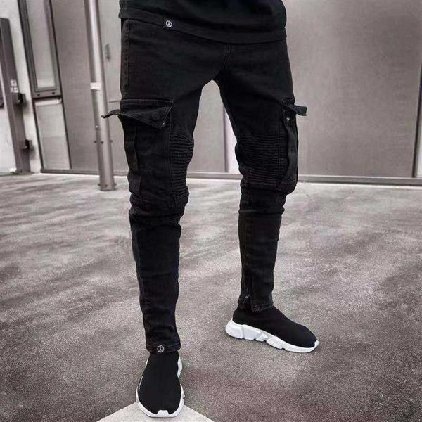 Erkekler skinny jeans çok cepli ince kalem pantolon 2021 siyah yeni erkek tulum sokak hip-hop moto bisiklet giyim kot pantolon x06213423