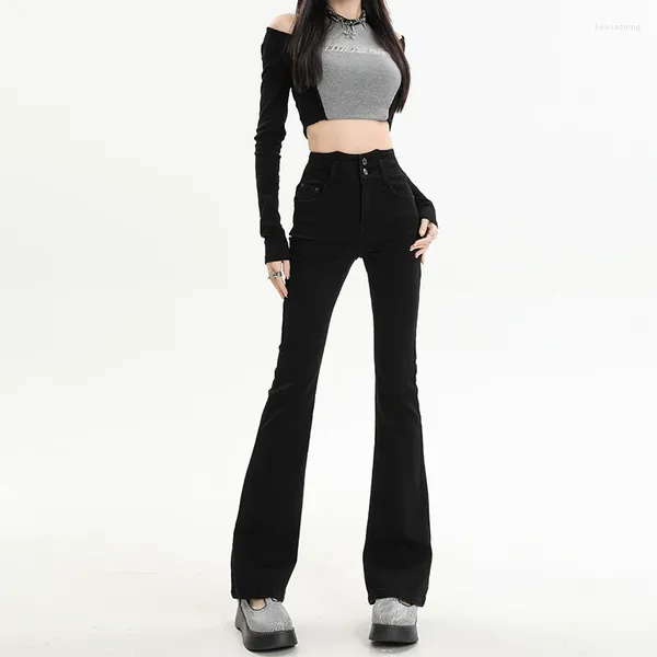 Jeans da donna Pantaloni elasticizzati da donna streetwear neri vintage a vita alta chic sexy svasati slim fit